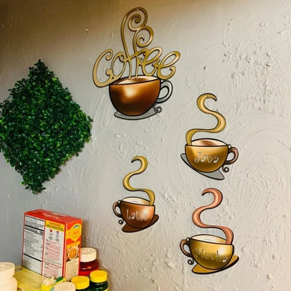 NEW  4 Pieces Metal Coffee Cup Wall Decor Coffee Bar Decor Coffee Decor Cafe - Picture 2 of 9